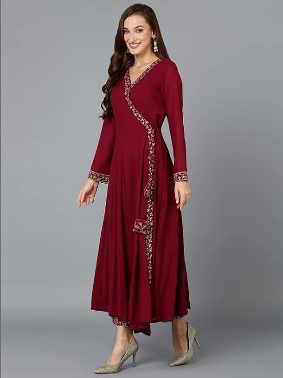 Vaamsi Women’s Georgette Embroidered Flared Angrakha Pant With Dupatta With Inner
