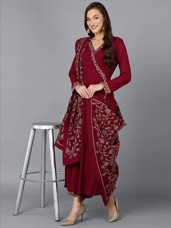 Vaamsi Women’s Georgette Embroidered Flared Angrakha Pant With Dupatta With Inner