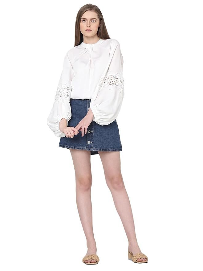 VERO MODA Tie-Up Neck Puff Sleeves Gathered Lace Detail Top
