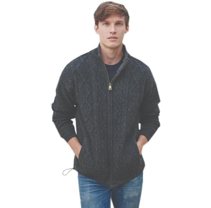 Men’s Irish Wool Sweater, Full Zip, Front Pockets, Lined Interior, Gray