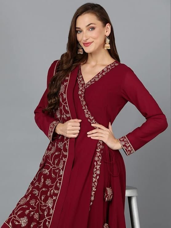 Vaamsi Women’s Georgette Embroidered Flared Angrakha Pant With Dupatta With Inner