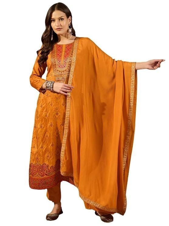 Vaamsi Women’s Mustard Silk Ikat Straight Woven Kurta Pant With Dupatta Set | Straight Kurta Set For Women | Woven Salwar Suit For Women