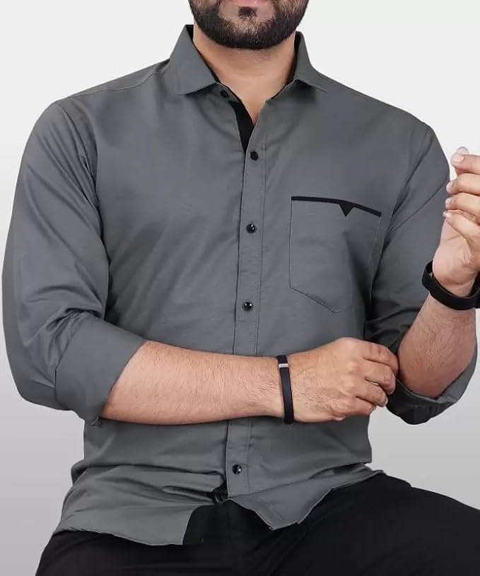 Men’s Regular Fit Solid Soft Touch Cotton Casual Shirt with Pocket Design with Spread Collar & Full Sleeves