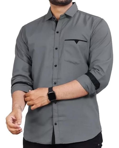Men’s Regular Fit Solid Soft Touch Cotton Casual Shirt with Pocket Design with Spread Collar & Full Sleeves