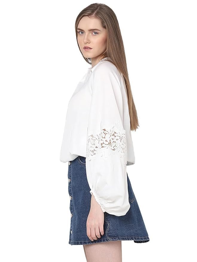 VERO MODA Tie-Up Neck Puff Sleeves Gathered Lace Detail Top