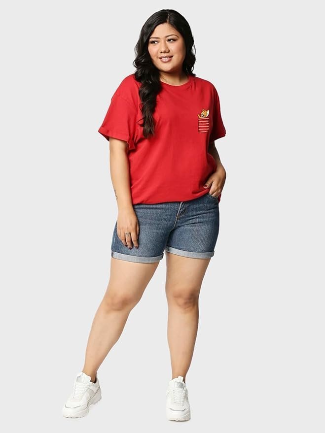 Official Tom & Jerry Merchandise Women’s 100% Cotton Graphic Print Boyfriend Fit Round Neck Plus Size T-Shirt