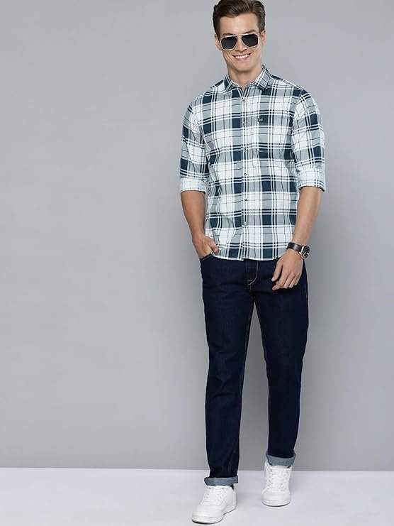 The Indian Garage Co Men’s Cotton Slim Fit Checkered Full Sleeves Cutaway Collar Casual Shirt