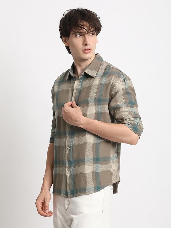 THE BEAR HOUSE Men’s Brown Checked Relaxed Fit Cotton Casual Shirt