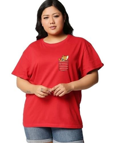 Official Tom & Jerry Merchandise Women’s 100% Cotton Graphic Print Boyfriend Fit Round Neck Plus Size T-Shirt