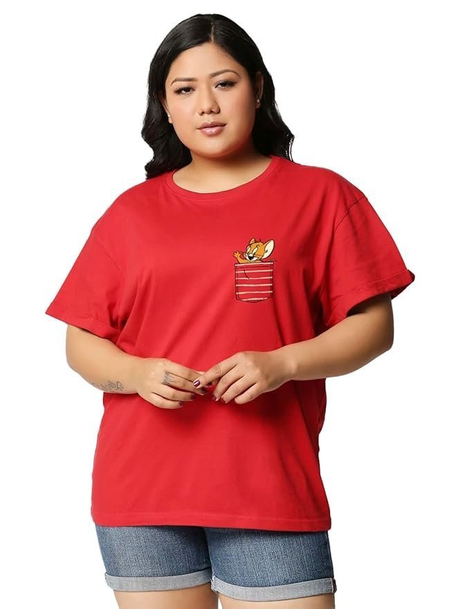 Official Tom & Jerry Merchandise Women’s 100% Cotton Graphic Print Boyfriend Fit Round Neck Plus Size T-Shirt