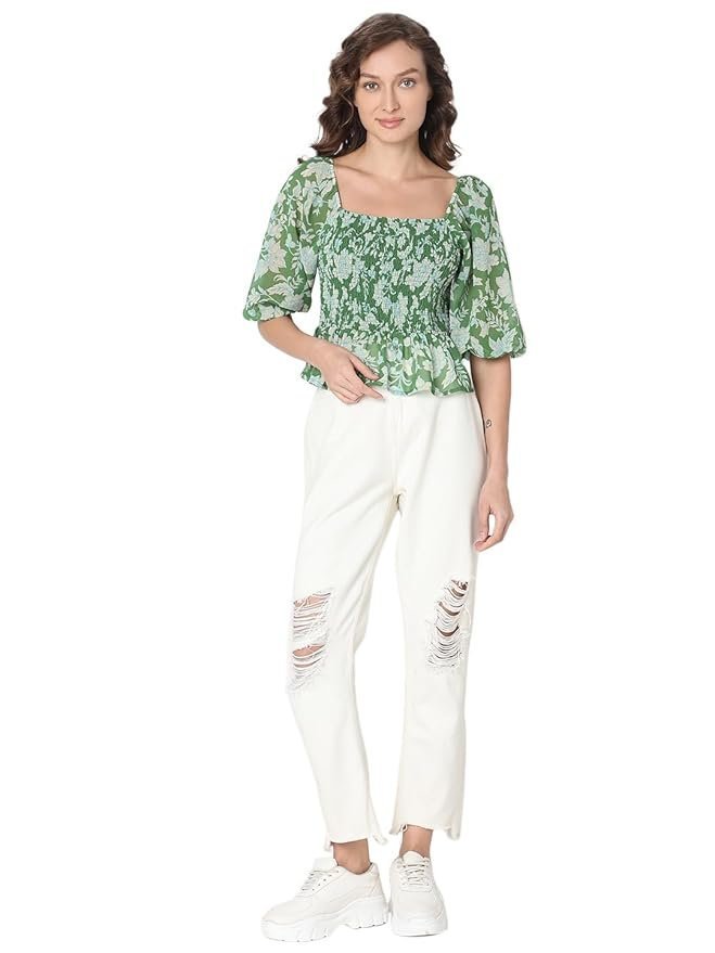 VERO MODA Floral Printed Puff Sleeve Cinched Waist Crop Top