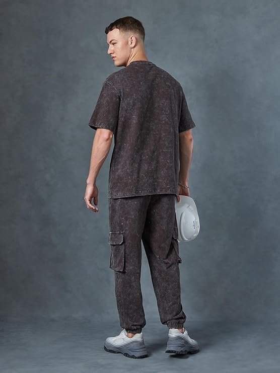 Bewakoof Heavy Duty 1.0 Men’s Self Design Oversized Fit Half Sleeve Round Neck Terry Acid Wash Co-Ordinates T-Shirt