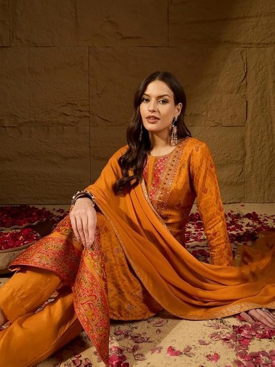 Vaamsi Women’s Mustard Silk Ikat Straight Woven Kurta Pant With Dupatta Set | Straight Kurta Set For Women | Woven Salwar Suit For Women