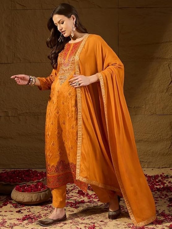 Vaamsi Women’s Mustard Silk Ikat Straight Woven Kurta Pant With Dupatta Set | Straight Kurta Set For Women | Woven Salwar Suit For Women