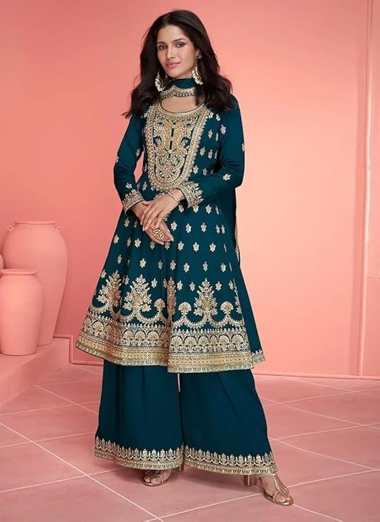 Miss Ethnik Women’s Pink Vichitra Silk Stitched Top With Stitched Vichitra Silk Bottom and Vichitra silk Dupatta Full Sleeve Embroidered Straight Kurta