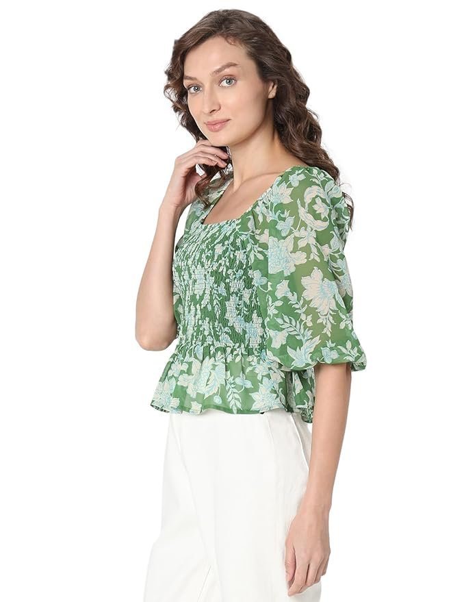 VERO MODA Floral Printed Puff Sleeve Cinched Waist Crop Top