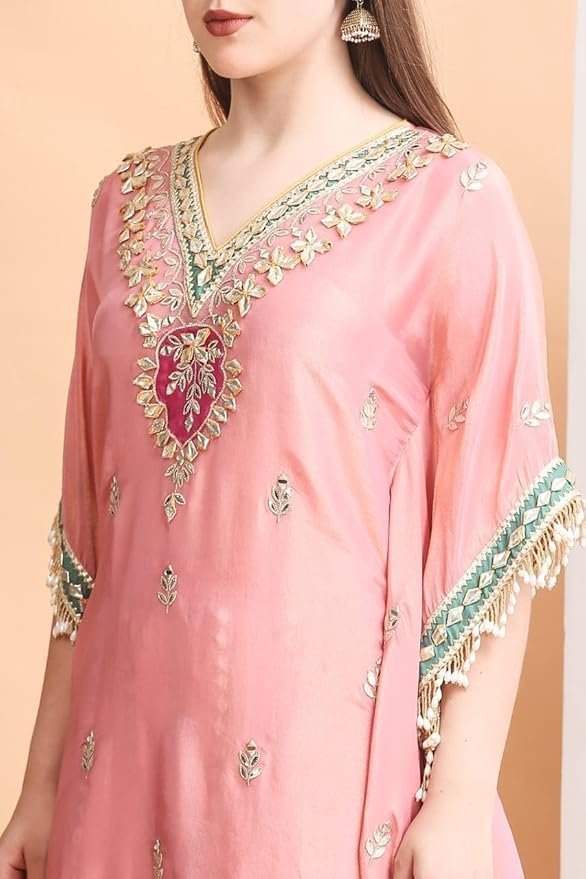Traditional Embroidered Kaftan Palazzo Set, Pink, V-Neck with Fringe Details, Floral Embellished