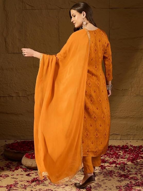 Vaamsi Women’s Mustard Silk Ikat Straight Woven Kurta Pant With Dupatta Set | Straight Kurta Set For Women | Woven Salwar Suit For Women