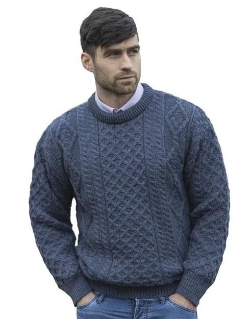 Aran Crafts Irish Soft Cable Knitted Crew Neck Sweater (100% Pure New Wool)
