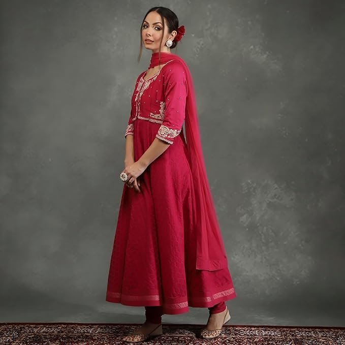 BIBA Women Bal Silk Chanderi Floral Anarkali Suit Set