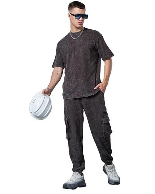 Bewakoof Heavy Duty 1.0 Men’s Self Design Oversized Fit Half Sleeve Round Neck Terry Acid Wash Co-Ordinates T-Shirt