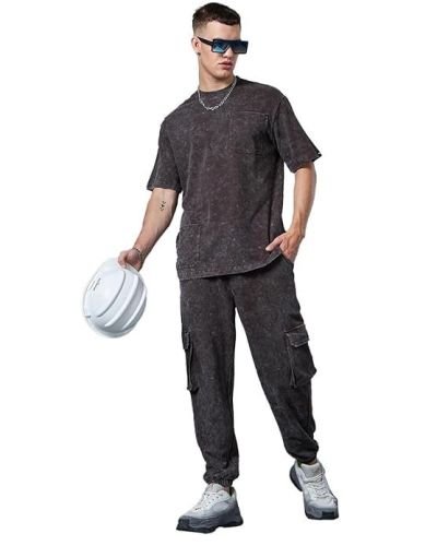 Bewakoof Heavy Duty 1.0 Men’s Self Design Oversized Fit Half Sleeve Round Neck Terry Acid Wash Co-Ordinates T-Shirt