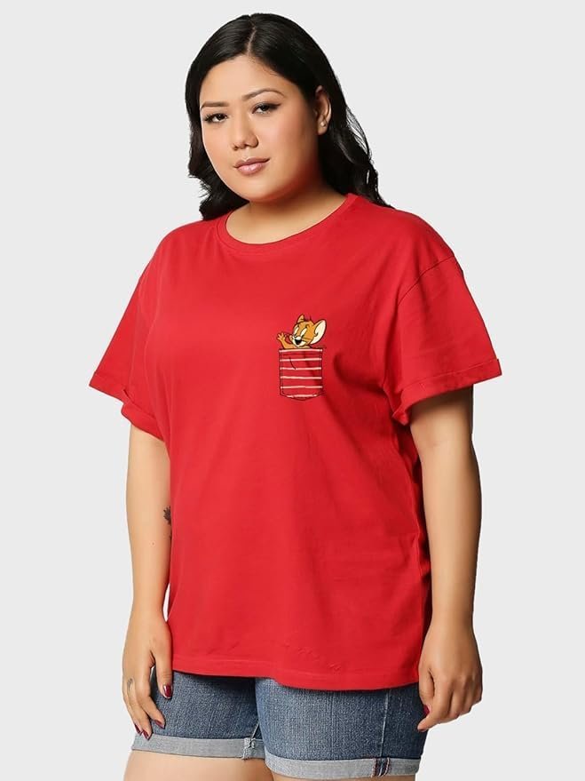 Official Tom & Jerry Merchandise Women’s 100% Cotton Graphic Print Boyfriend Fit Round Neck Plus Size T-Shirt