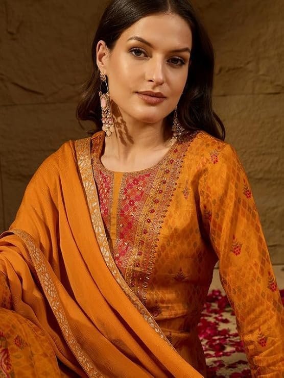 Vaamsi Women’s Mustard Silk Ikat Straight Woven Kurta Pant With Dupatta Set | Straight Kurta Set For Women | Woven Salwar Suit For Women