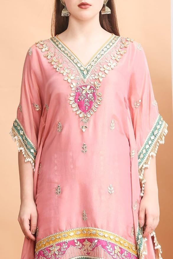 Traditional Embroidered Kaftan Palazzo Set, Pink, V-Neck with Fringe Details, Floral Embellished
