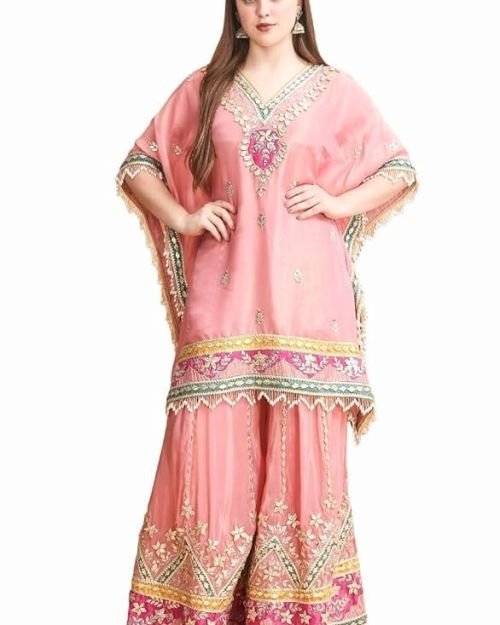 Traditional Embroidered Kaftan Palazzo Set, Pink, V-Neck with Fringe Details, Floral Embellished