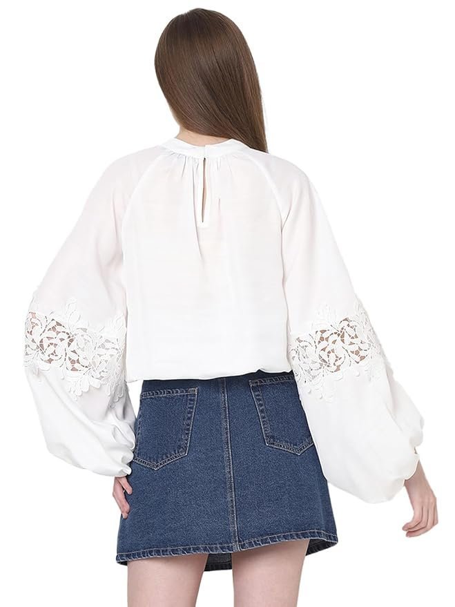 VERO MODA Tie-Up Neck Puff Sleeves Gathered Lace Detail Top