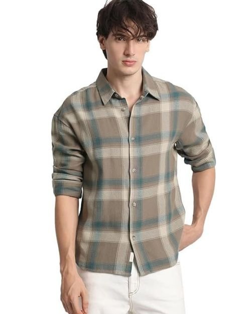 THE BEAR HOUSE Men’s Brown Checked Relaxed Fit Cotton Casual Shirt