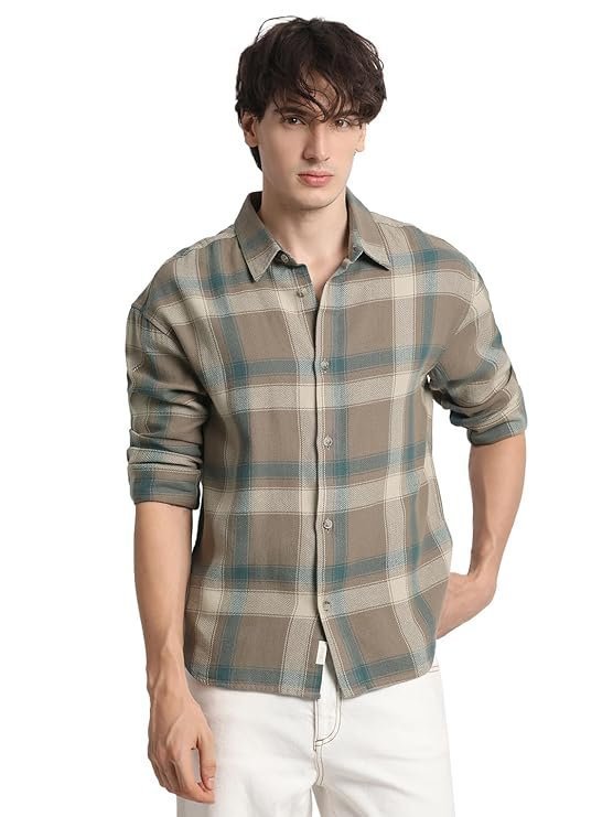 THE BEAR HOUSE Men’s Brown Checked Relaxed Fit Cotton Casual Shirt