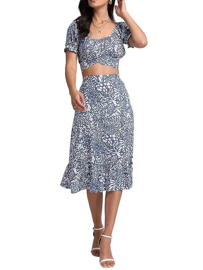 Women’s 2 Piece Outfits Floral Self Tie Knot Crop Top and Midi Skirt Set, 2#blue, Small