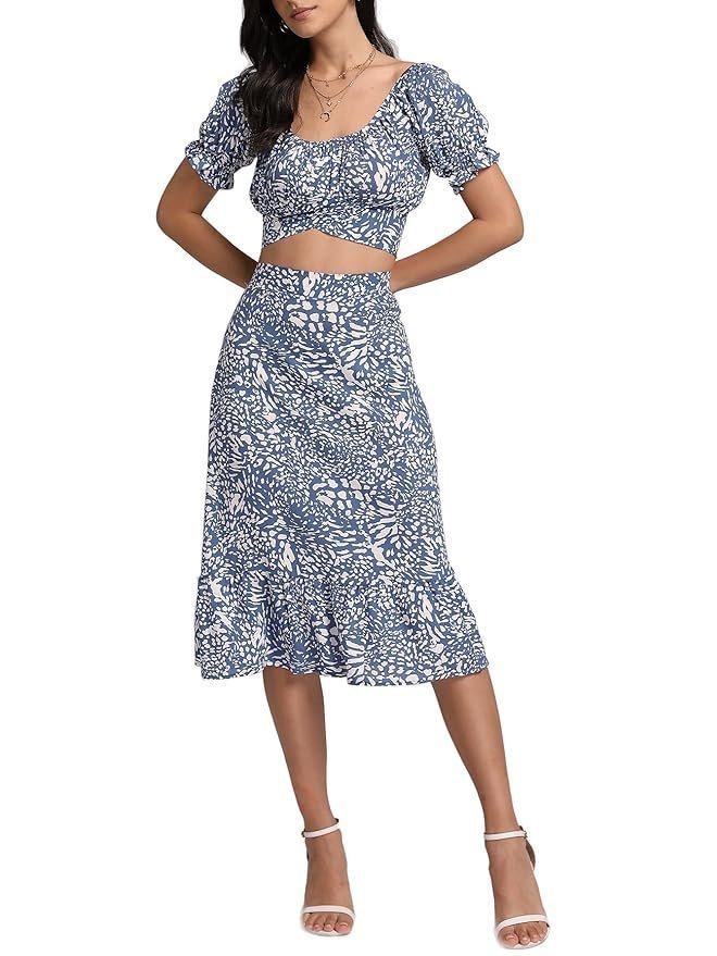 Women’s 2 Piece Outfits Floral Self Tie Knot Crop Top and Midi Skirt Set, 2#blue, Small