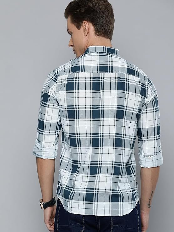 The Indian Garage Co Men’s Cotton Slim Fit Checkered Full Sleeves Cutaway Collar Casual Shirt