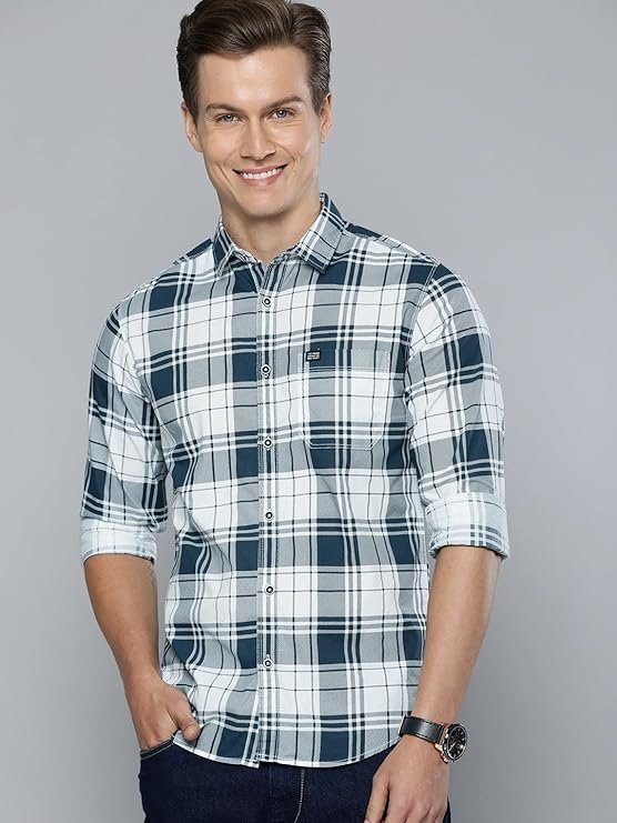 The Indian Garage Co Men’s Cotton Slim Fit Checkered Full Sleeves Cutaway Collar Casual Shirt