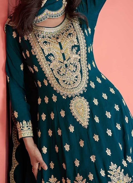 Miss Ethnik Women’s Pink Vichitra Silk Stitched Top With Stitched Vichitra Silk Bottom and Vichitra silk Dupatta Full Sleeve Embroidered Straight Kurta