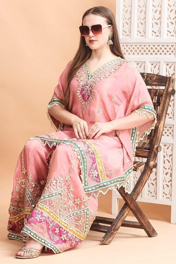 Traditional Embroidered Kaftan Palazzo Set, Pink, V-Neck with Fringe Details, Floral Embellished