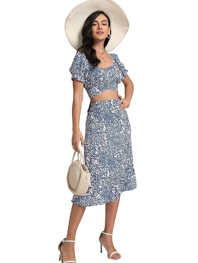 Women’s 2 Piece Outfits Floral Self Tie Knot Crop Top and Midi Skirt Set, 2#blue, Small