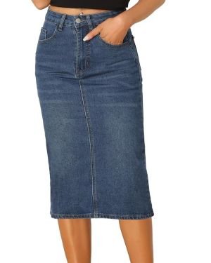 Casual Denim Skirt for Women’s High Waist Split Back Pockets Midi Jean Skirts