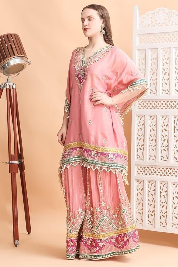Traditional Embroidered Kaftan Palazzo Set, Pink, V-Neck with Fringe Details, Floral Embellished