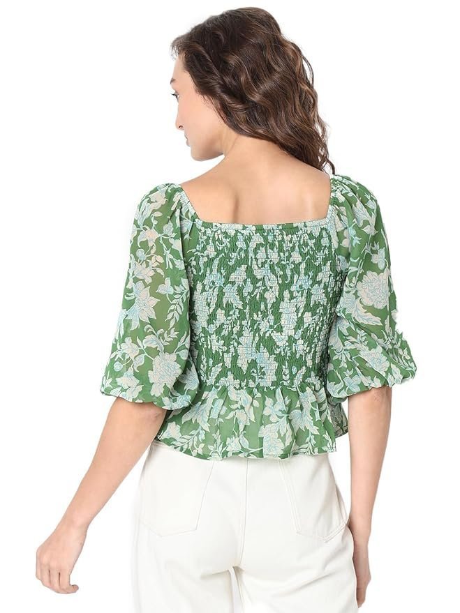 VERO MODA Floral Printed Puff Sleeve Cinched Waist Crop Top