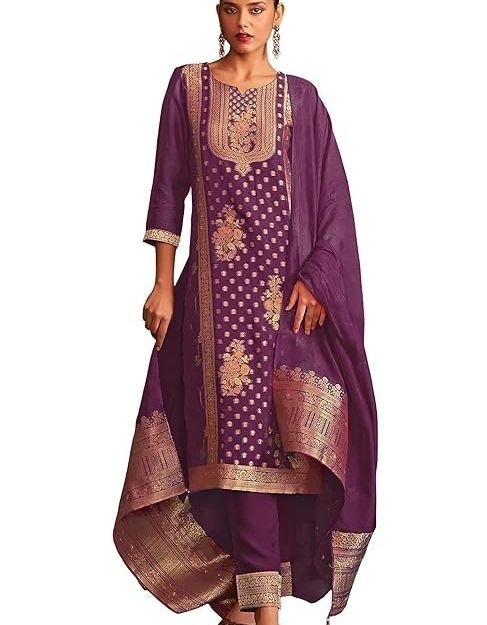 Janasya Women’s Organza Jacquard Straight Kurta Set