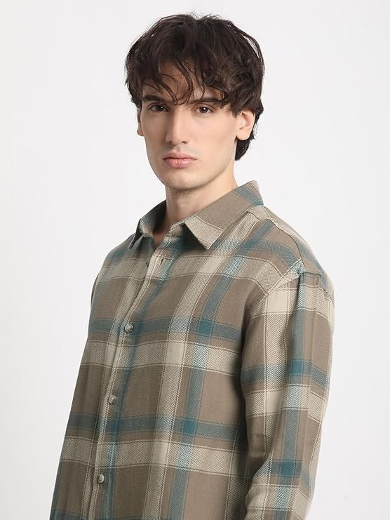 THE BEAR HOUSE Men’s Brown Checked Relaxed Fit Cotton Casual Shirt
