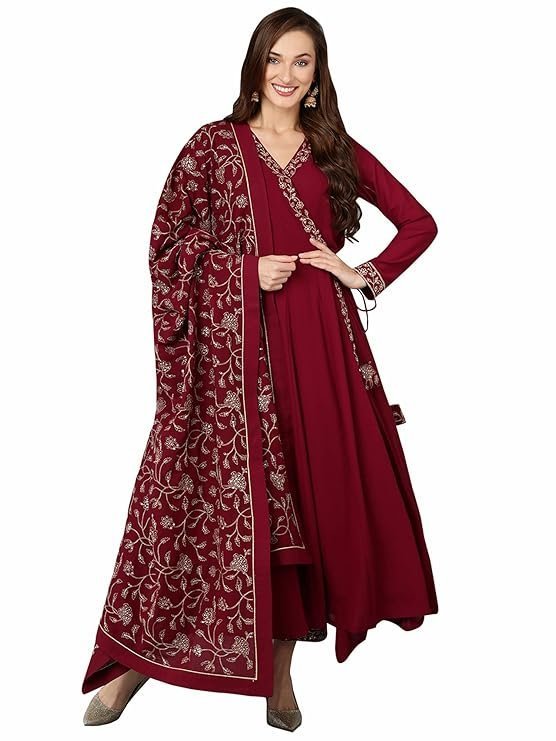 Vaamsi Women’s Georgette Embroidered Flared Angrakha Pant With Dupatta With Inner