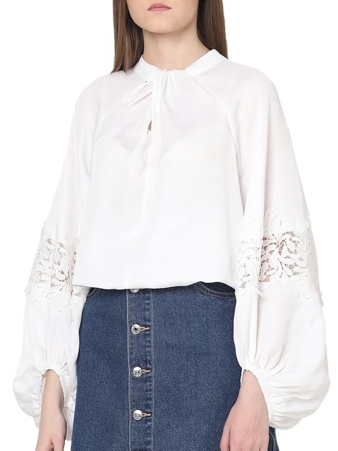 VERO MODA Tie-Up Neck Puff Sleeves Gathered Lace Detail Top