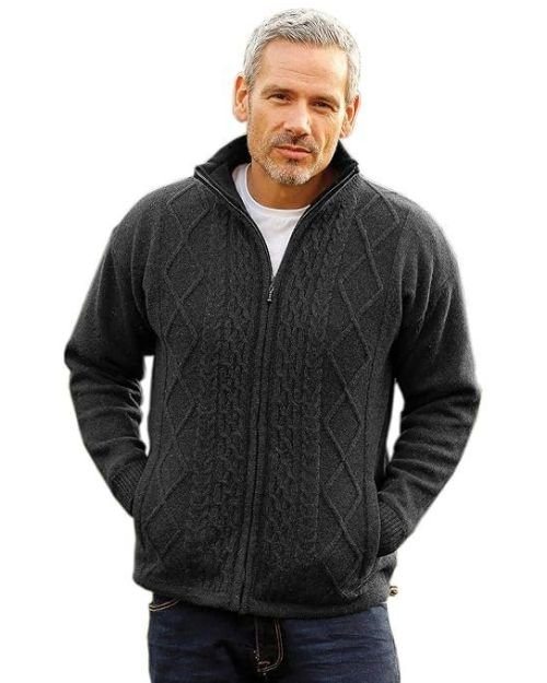 Men’s Irish Wool Sweater, Full Zip, Front Pockets, Lined Interior, Gray