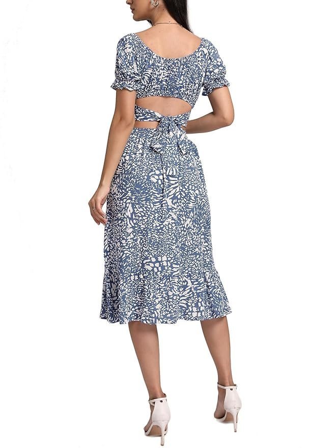 Women’s 2 Piece Outfits Floral Self Tie Knot Crop Top and Midi Skirt Set, 2#blue, Small
