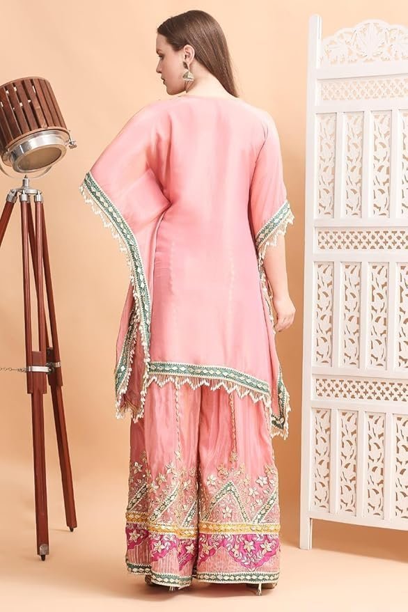 Traditional Embroidered Kaftan Palazzo Set, Pink, V-Neck with Fringe Details, Floral Embellished